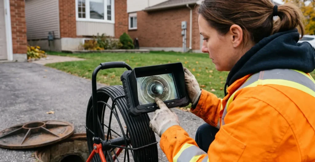 Technicien en plomberie surveillant un écran portable affichant l'intérieur d'une canalisation lors d'une inspection par caméra Technicien en plomberie surveillant un écran portable affichant l'intérieur d'une canalisation lors d'une inspection par caméra